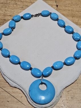 Turquoise Blue Stone Beaded Donut Pendant Necklace